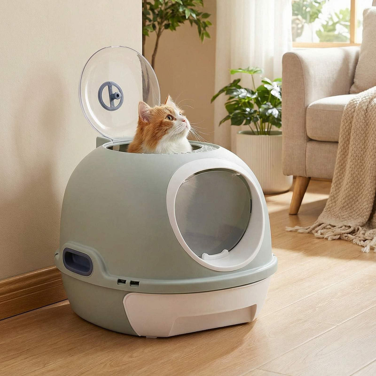 Cat Litter Box with Lid, Helicopter Style Fully Enclosed Cat Toilet