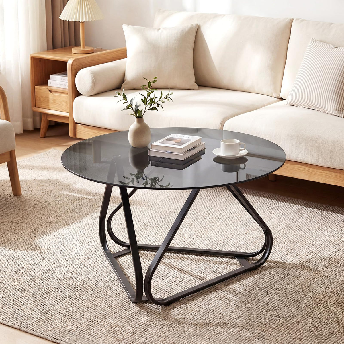 Round Tempered Glass Coffee Table with Triangle Metal Frame for Living Room