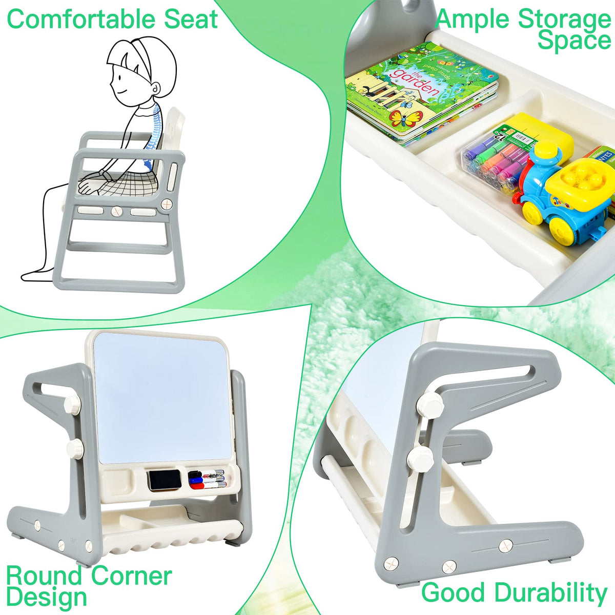 Kids Table & Chair, 2 in 1 Toddler Art Easel w/Adjustable Painting Board