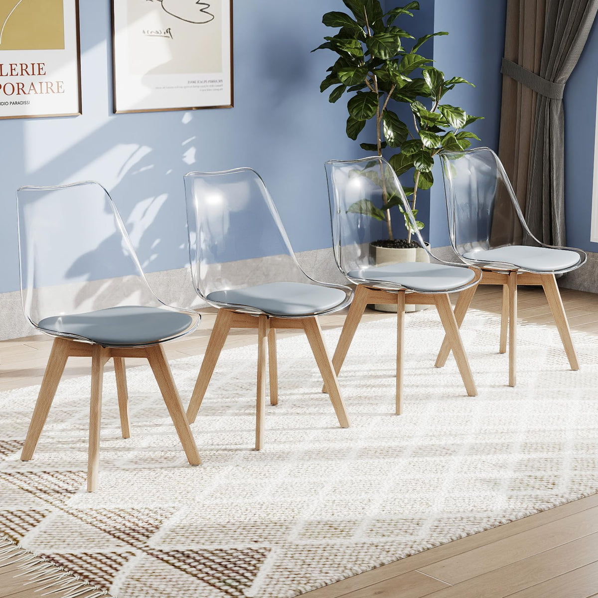 4-Pack Clear Dining Chairs with Wood Legs & PU Cushion