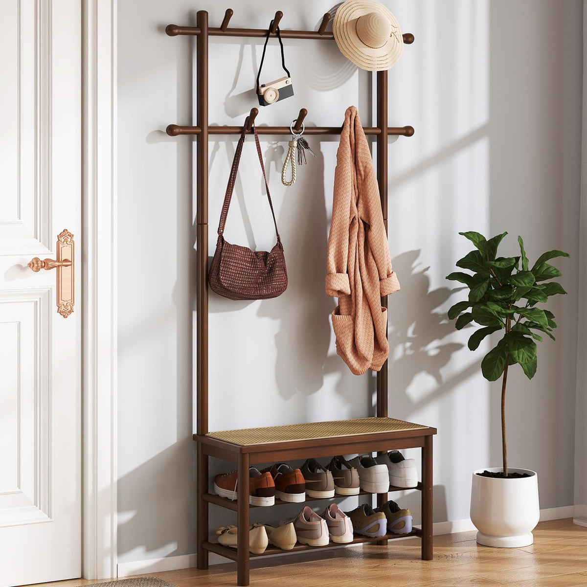 3-in-1 Hall Tree with 11 Hooks Hanging Rods and Shelves for Home