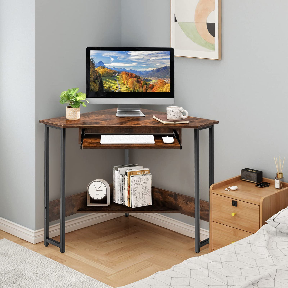 Giantex Corner Desk, 90-Degree Triangle Corner Computer Desk w/Keyboard Tray for Small Space, Rustic Brown & Black