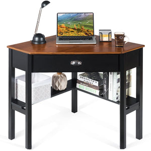 Giantex Wood Corner Computer Desk, Compact Writing Table w/Drawer & Shelves