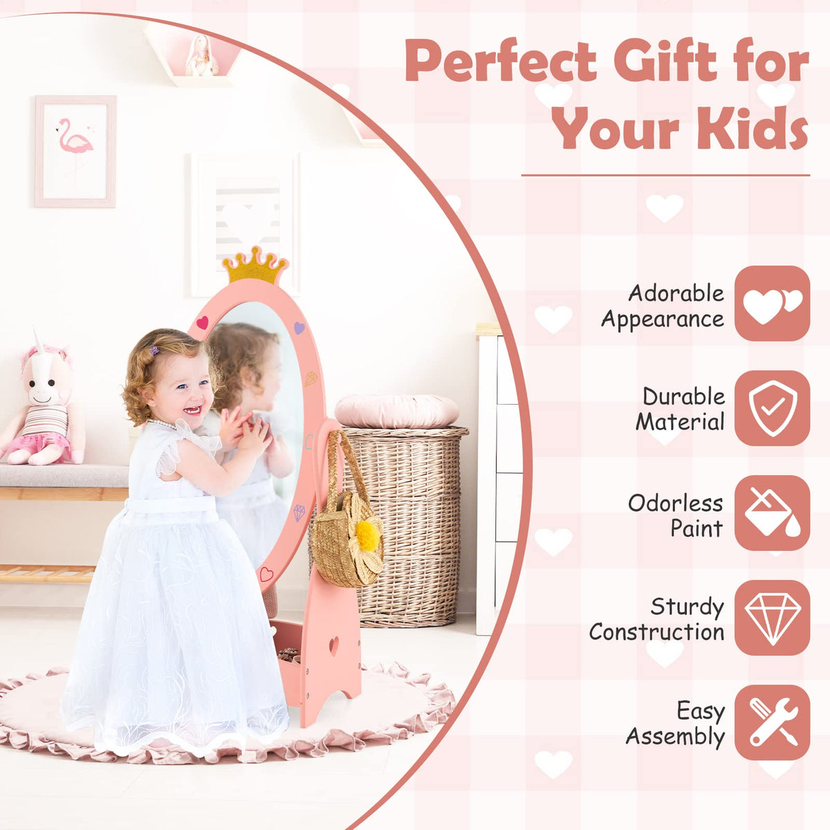 Kids Freestanding Dressing Mirror with 360° Rotatable Design-Pink