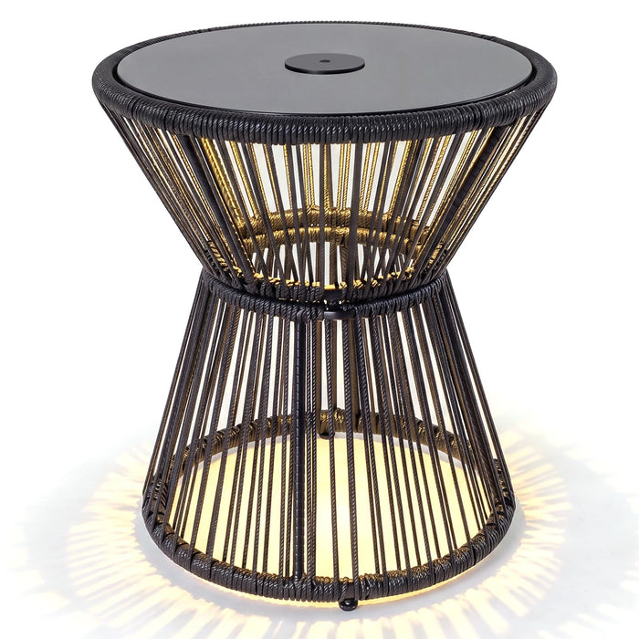 Outdoor Side Table with LED Warm Light, PE Rattan Hourglass-Shaped End Table with Tempered Glass Top