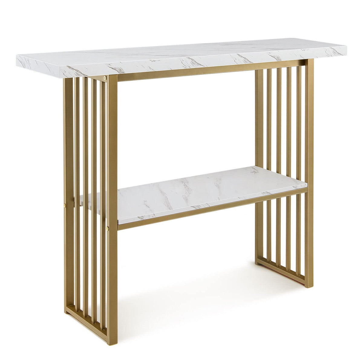 Giantex 2-Tier Console Table, White Faux Marble Sofa Table w/Open Shelf, Gold Steel Frame