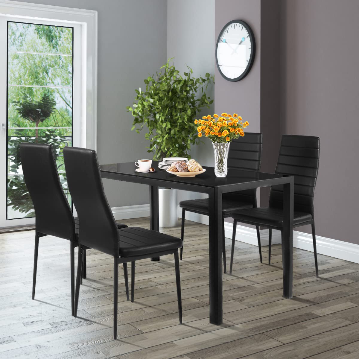 Giantex 5Pcs Dining Table Set w/ Tempered Glass Top & High Backrest Chair