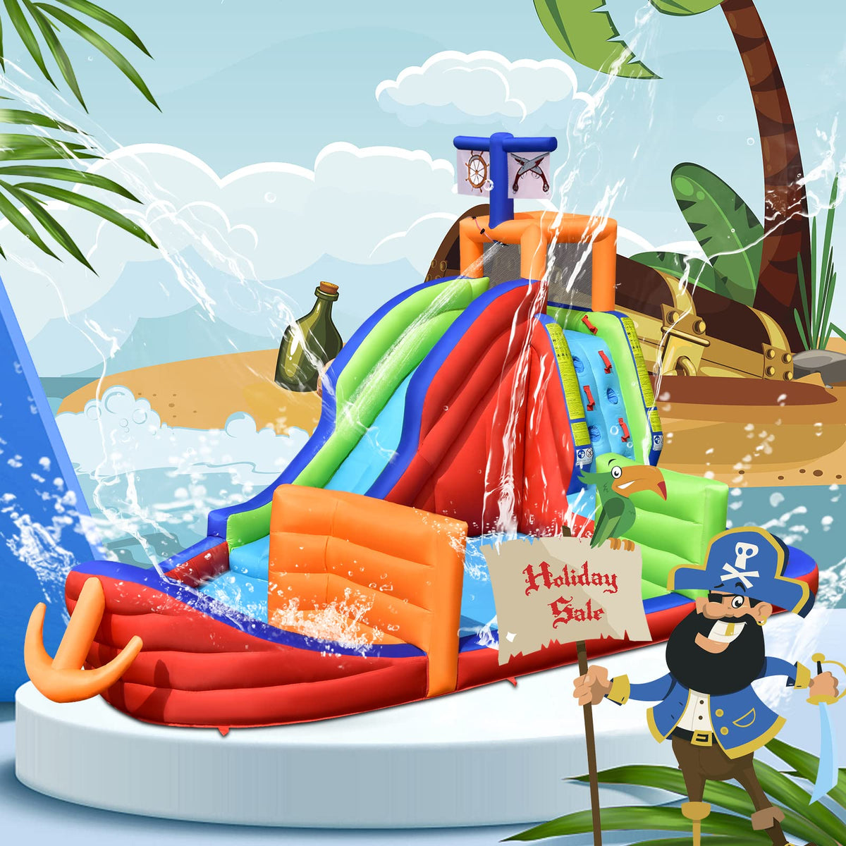 6-in-1 Pirate Ship Bounce House w/Long Slide, Climbing Wall, Splash Pool, Dart Game, Ring-toss & Water Guns, Kids Bouncer Castle w/Carrying Bag (without Blower)