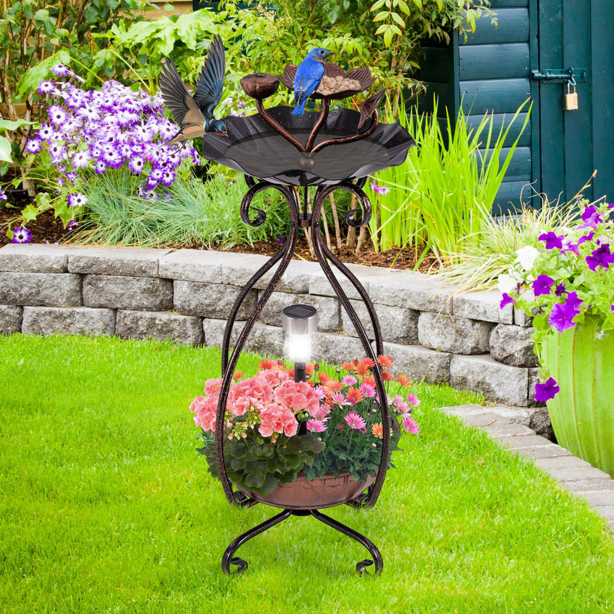 Solar Outdoor Bird Bath, Vintage Bird Bath & Feeder Combo