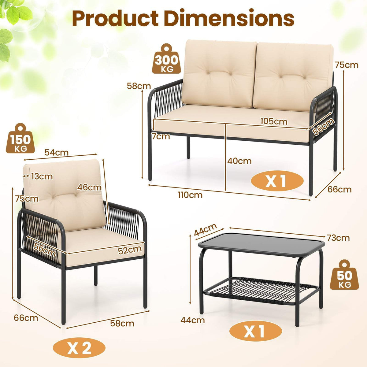 4 Pieces Patio Furniture Set, PE Rattan Sofa Chairs