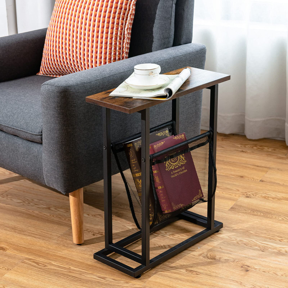 Giantex 2-Layer Rustic Side Table, Small Industrial End Table W/Magazine Holder, Wood Tabletop