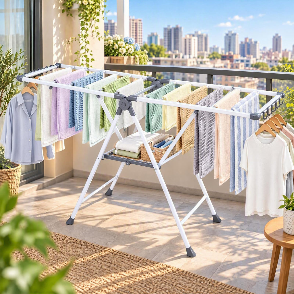 Foldable 2-Level Clothes Drying Rack with140 CM Adjustable Wings