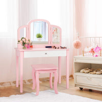 Kids Vanity Table and Chair Set, Princess Makeup Dressing Table with Drawer & Tri-Folding Mirror