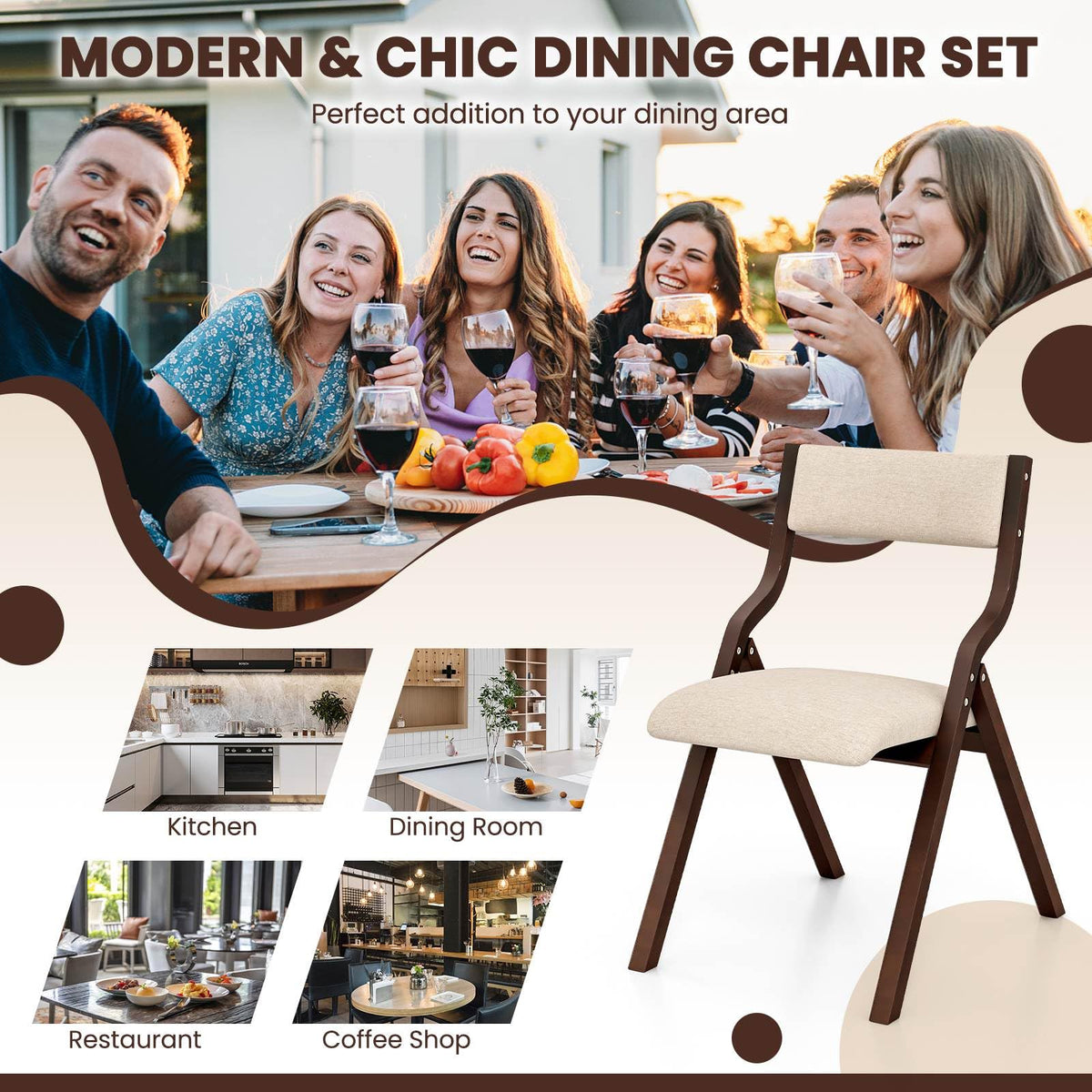 Giantex Folding Dining Chair Set of 2, Wooden Upholstered Dining Chairs