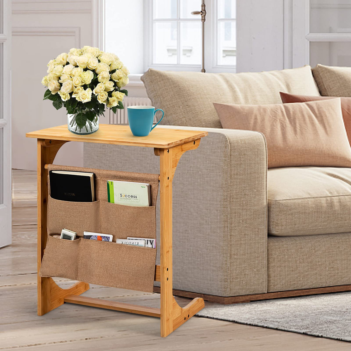 C-Shaped Sofa End Table Laptop Desk with Storage Bags for Small Space Living Room