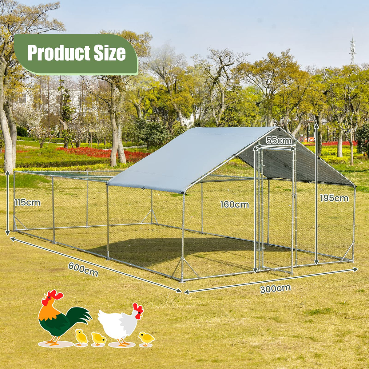 Large Metal Chicken Coop, Walk-in Poultry Cage Hen Rabbit Run House with Waterproof & Sun-Proof Cover