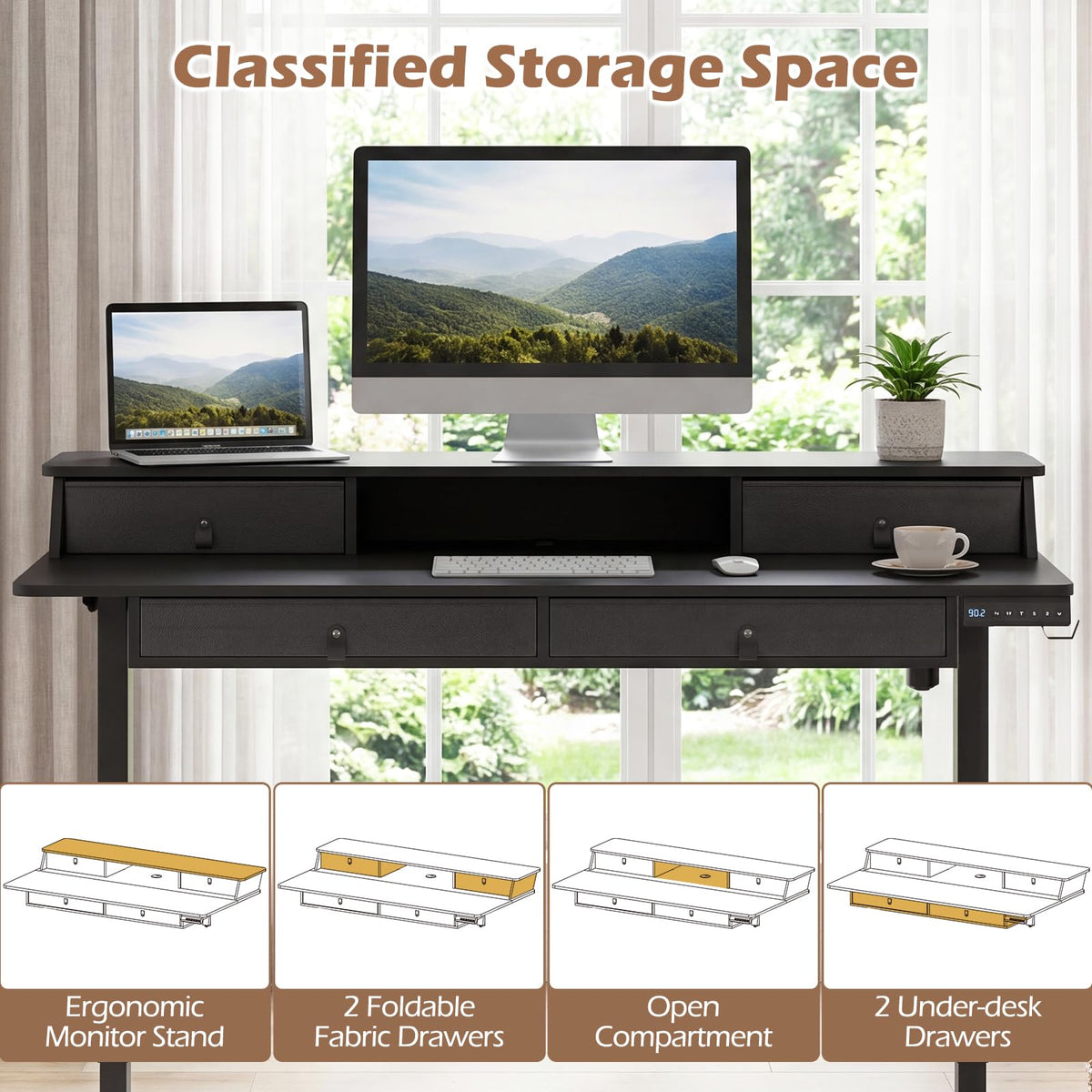 Giantex Electric Standing Desk 140cm w/Monitor Stand&Drawers