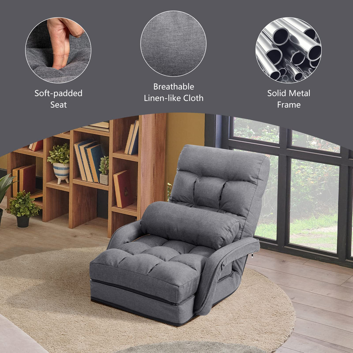 Multipurpose Lounger Chair w/Integrated Armrests & Bonus Lumbar Pillow