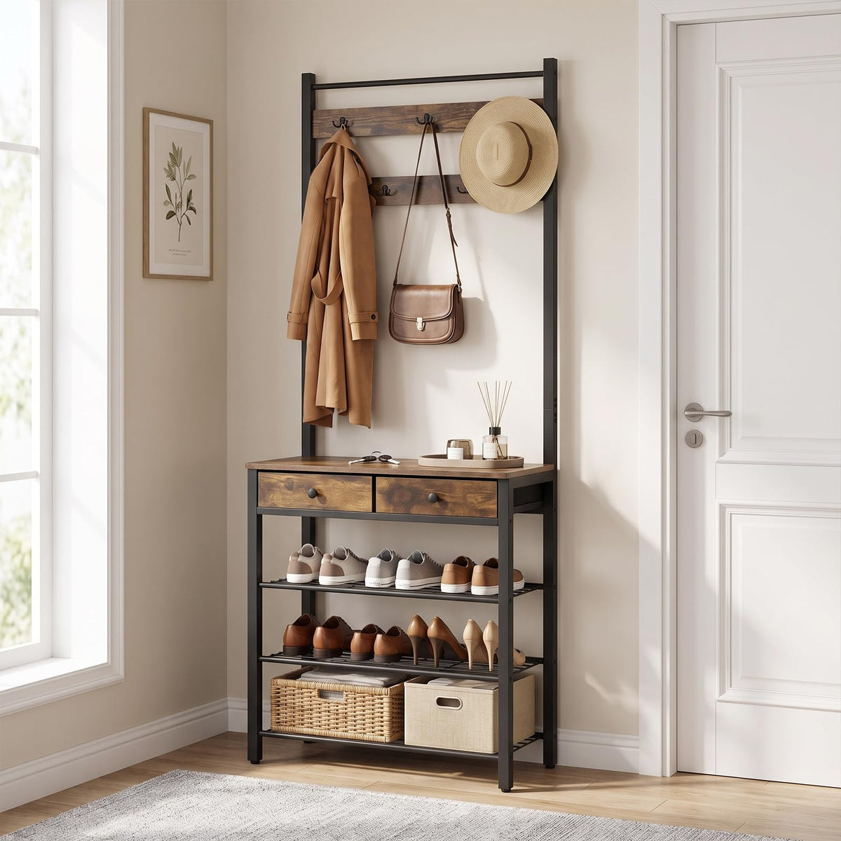 4-In-1 Hall Tree with Console Table and Shoe Rack