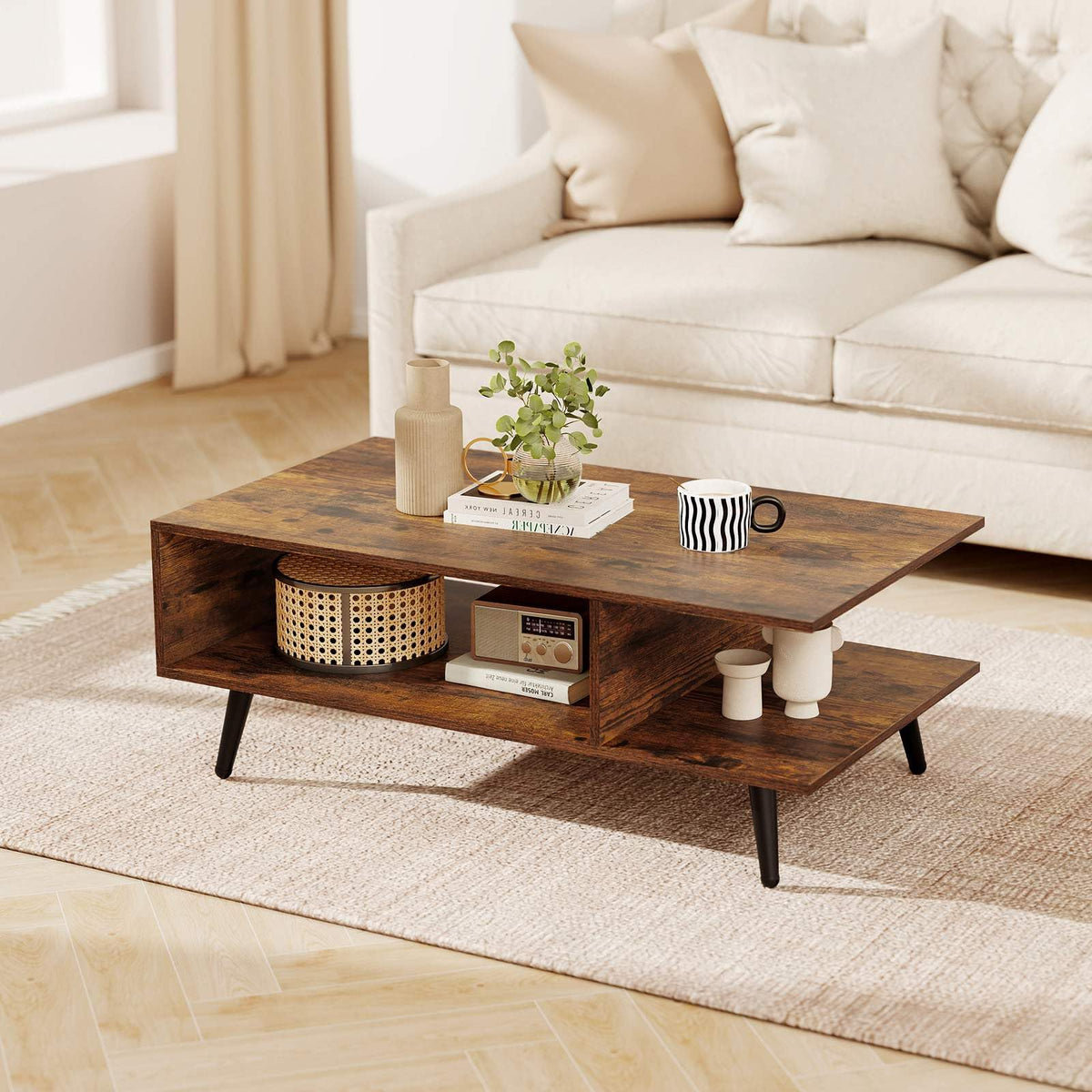 2-tier Coffee Table with 2 Open Shelves and Heavy-duty Metal Frame