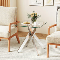 Glass Side Table with Tempered Glass Top and Metal X Base for Living Room and Bedroom