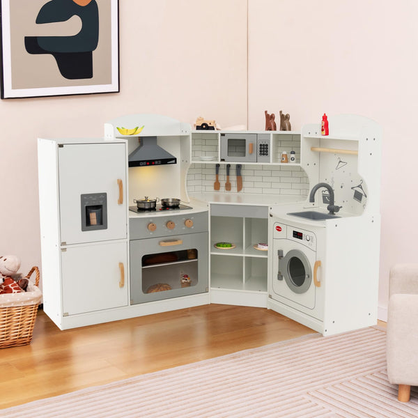 Corner Play Kitchen, Toddler Kitchen Playset with Range Hood, Ice Maker, Microwave, Oven, Sink, Washing Machine