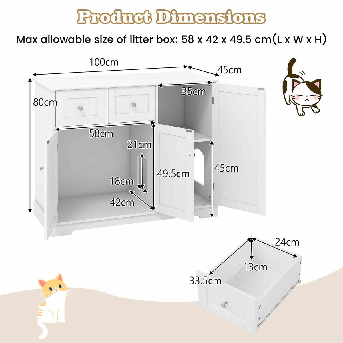 Cat Litter Box Enclosure, Hidden Cat Washroom Side Cabinet Wooden Pet House w/ 2 Drawers