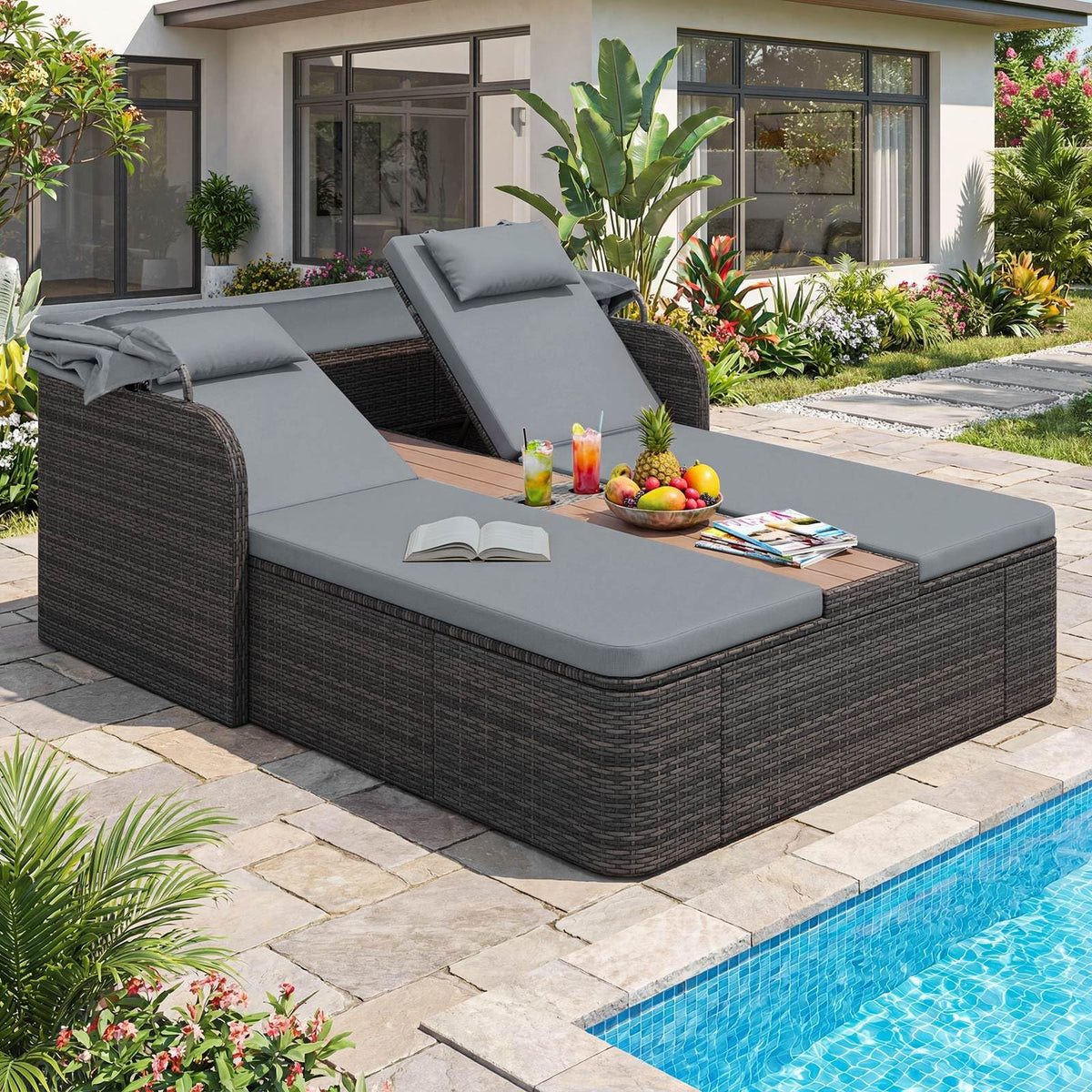 Rattan Double Daybed, Outdoor Chaise Lounge Loveseat w/Retractable Sunshade