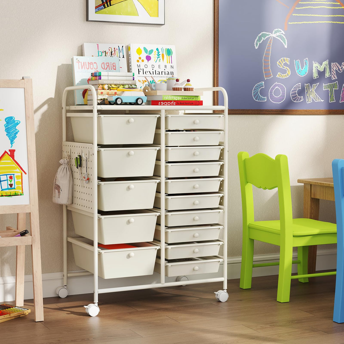 Giantex 15-Drawer Rolling Cart with Pegboard & Metal Frame