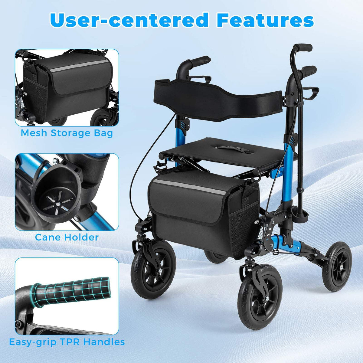 Rollator Walker for Seniors Folding Rolling Walker with Seat and Mesh Backrest