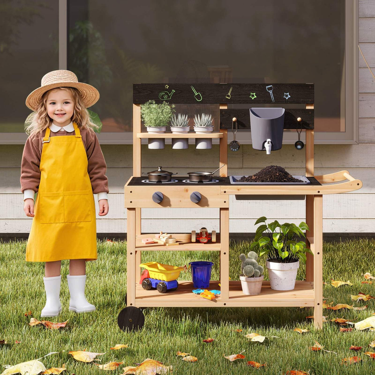 Outdoor Fir Wood Play Kitchen w/Blackboard, Planting Pots, Sink