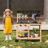 Outdoor Fir Wood Play Kitchen w/Blackboard, Planting Pots, Sink