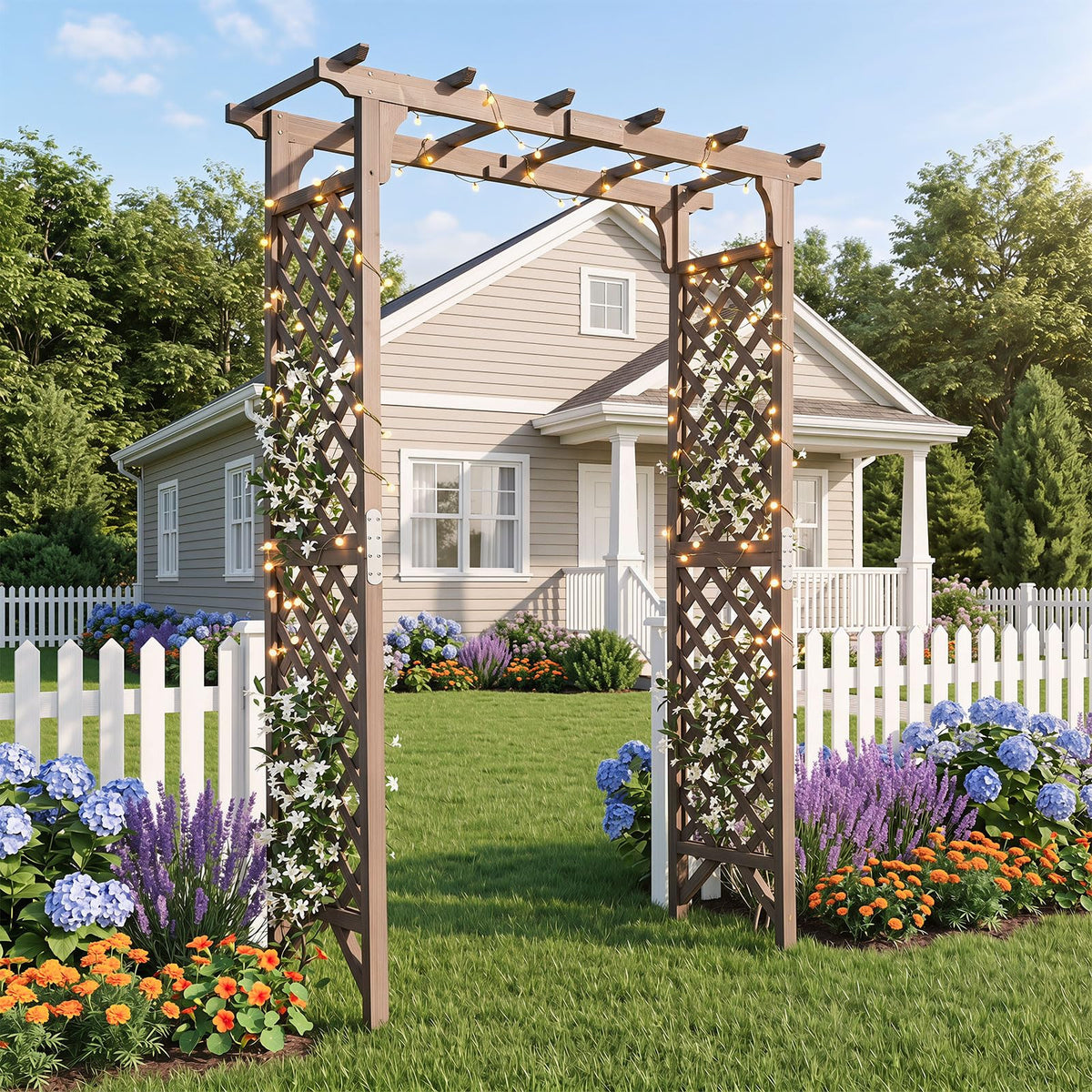 Flat Top Garden Arch Trellis 216cm Tall Wood Garden Archway Gate for Climbing Plants