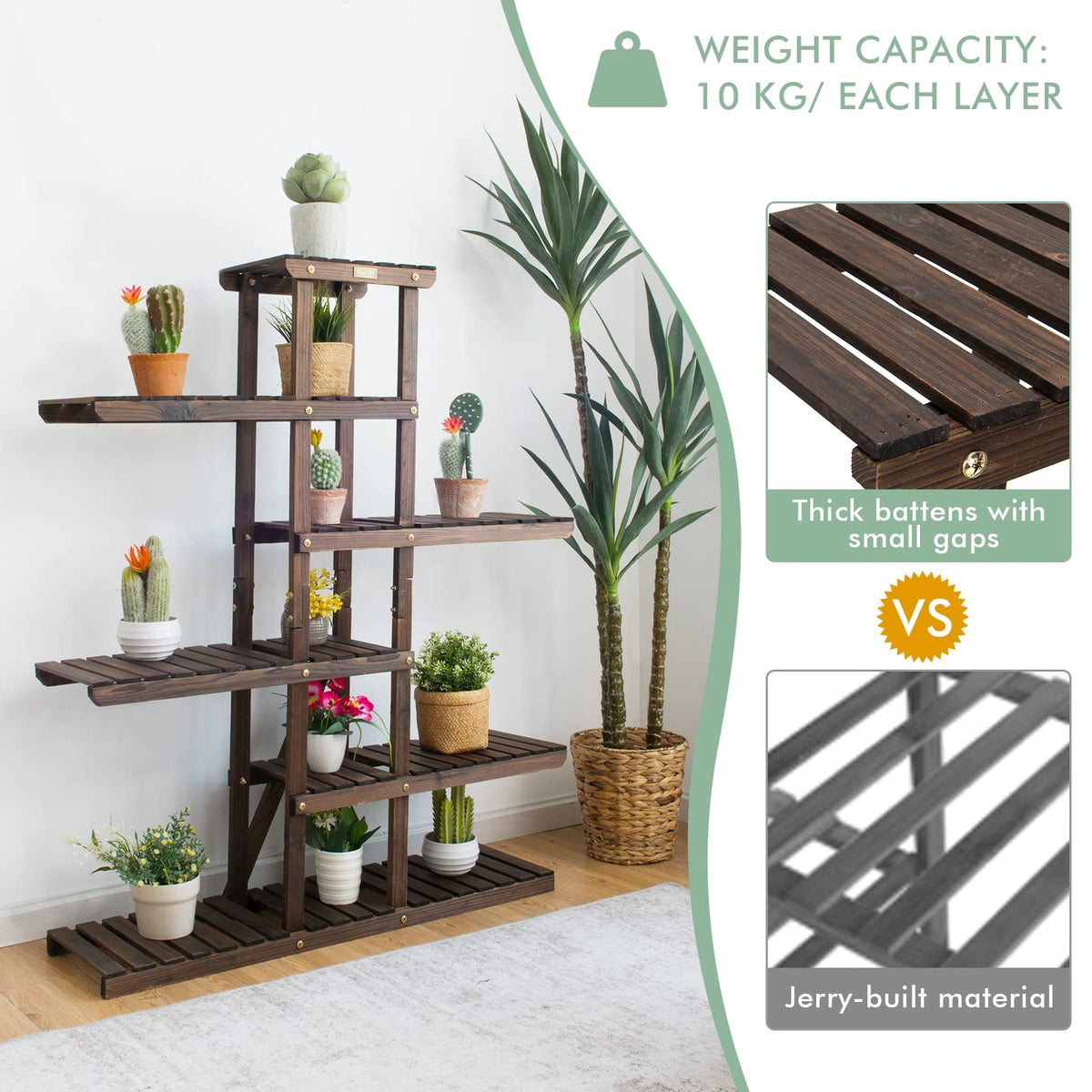 Giantex 6-Tier Wooden Plant Stand for Indoor & Outdoor, 12 Potted Plant Display Holder Carbonized Fir Wood