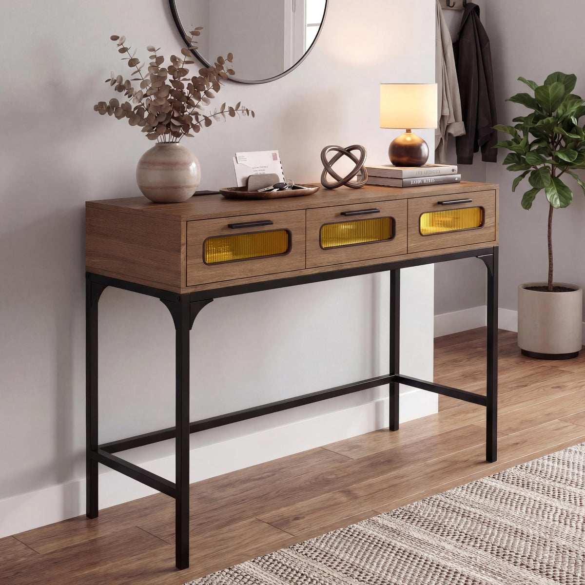 Console Table with LED Lights and Charging Station for Living Room and Hallway