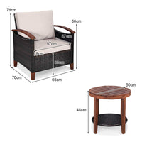 3 Piece Patio Sofa Set, 2 Rattan Chairs w/ 2-Tier Coffee Table