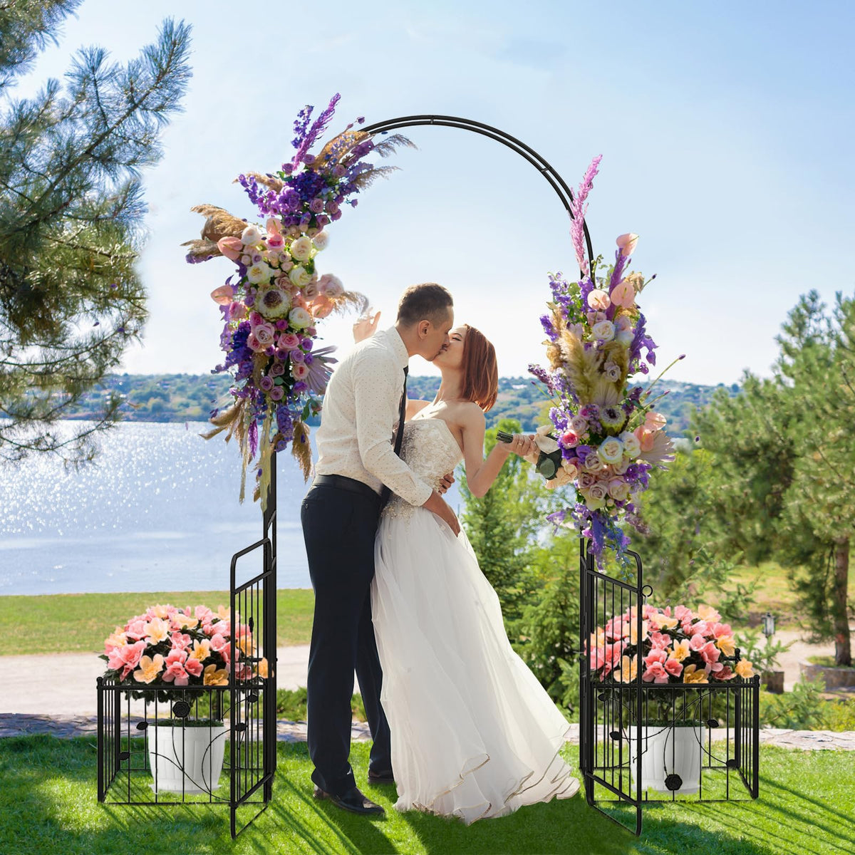 2.2M Garden Arbor, Metal Arch Trellis Lockable Gate, Arched Top Arbor Trellis w/Side Planters