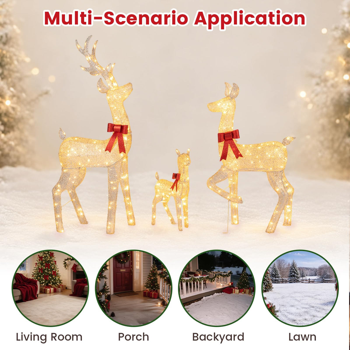 3-Piece Lighted Golden Christmas Reindeer Family Set with 280 Warm Yellow LED Lights