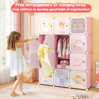 Children 12-Cube Wardrobe, Baby Dresser Kids Bedroom Armoire w/Doors & 2 Rods, Cute Cartoon Zodiac Patterns