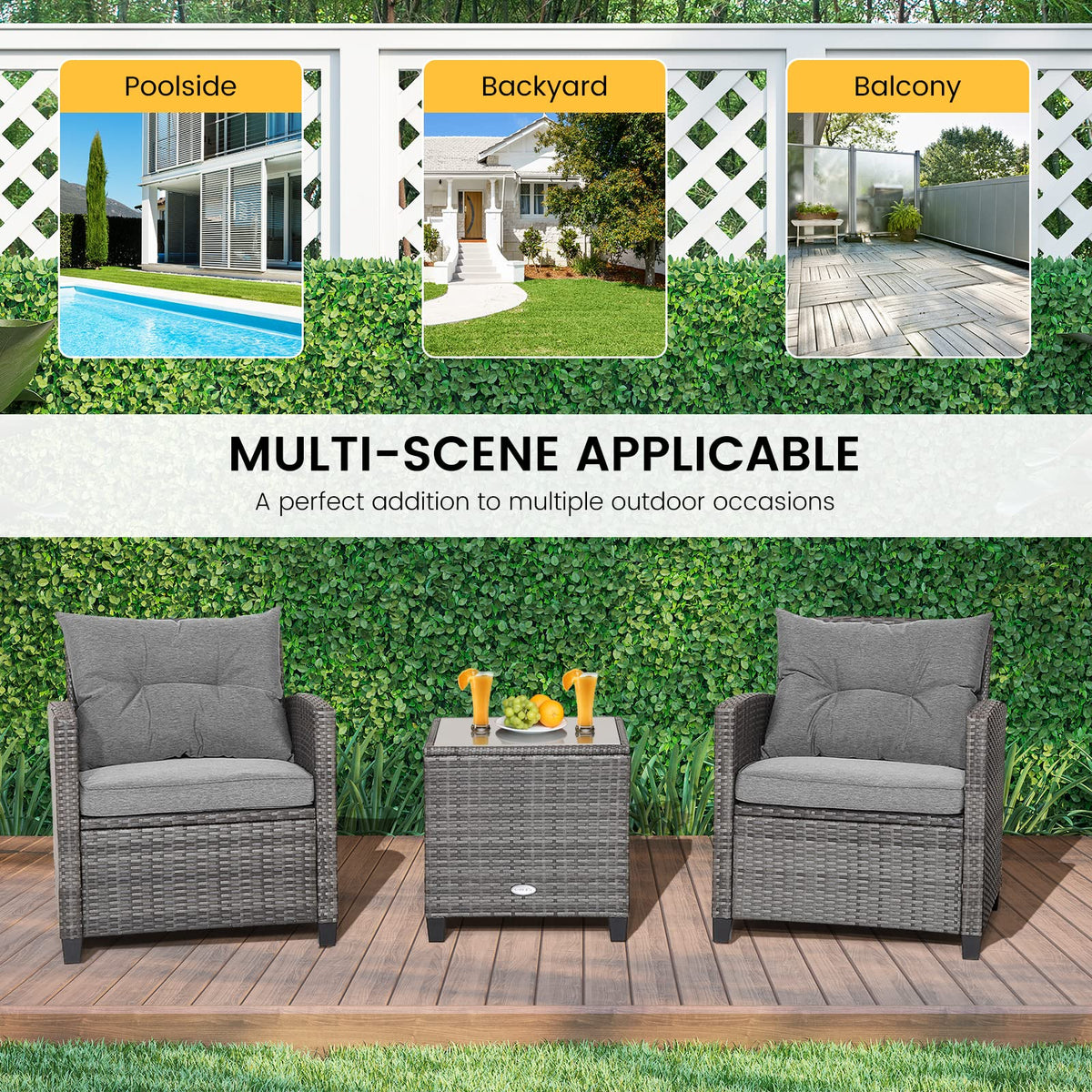 3 Pieces Patio Rattan Sofa Set with Soft Seat for Poolside & Backyard