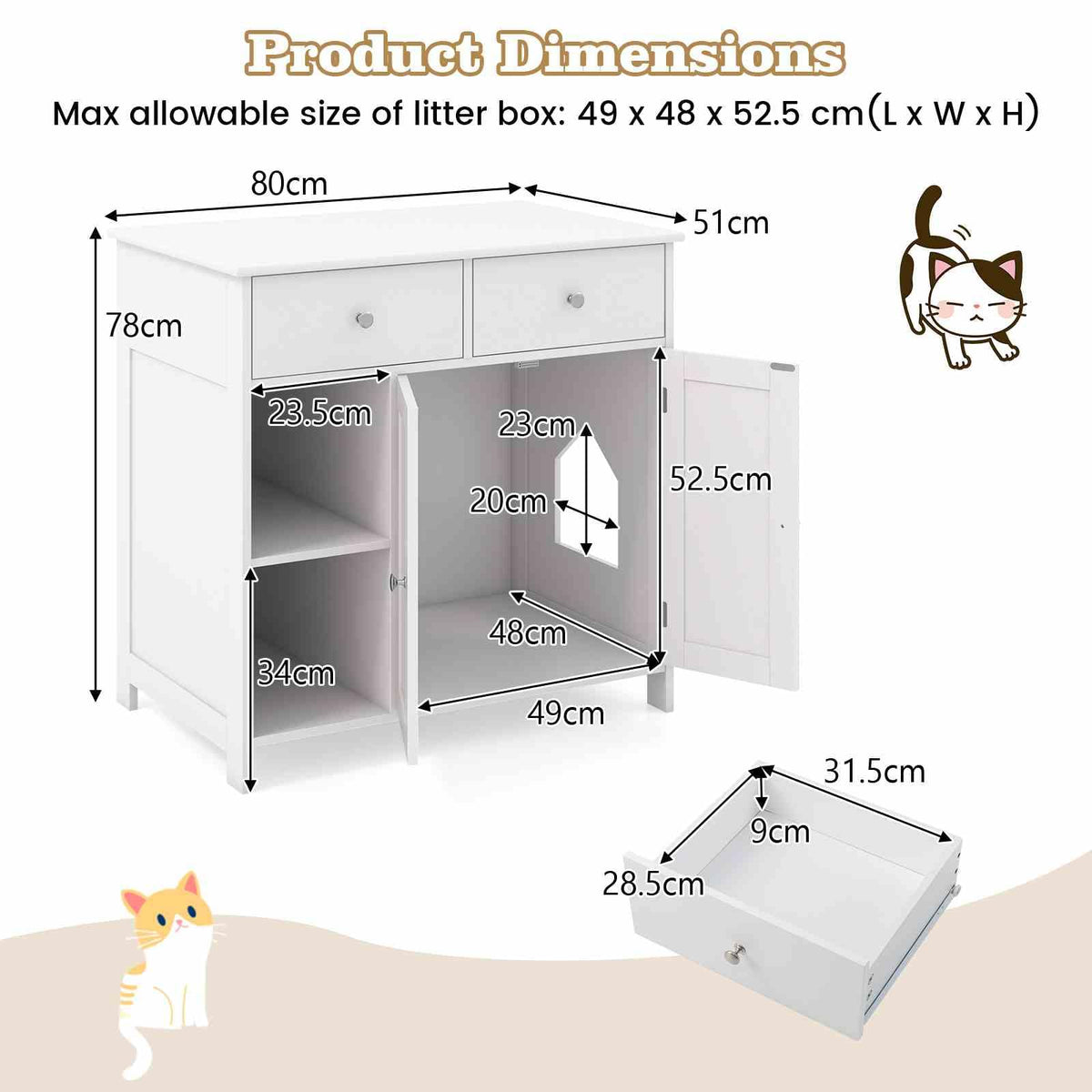 Cat Litter Box Enclosure, Hidden Cat Washroom Side Cabinet Wooden Pet House w/ 2 Drawers