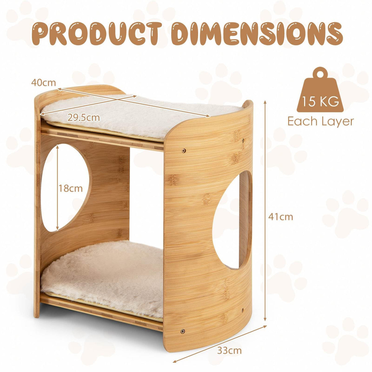 Cute Bamboo Cat Tree with Double Beds and Removable Cushions
