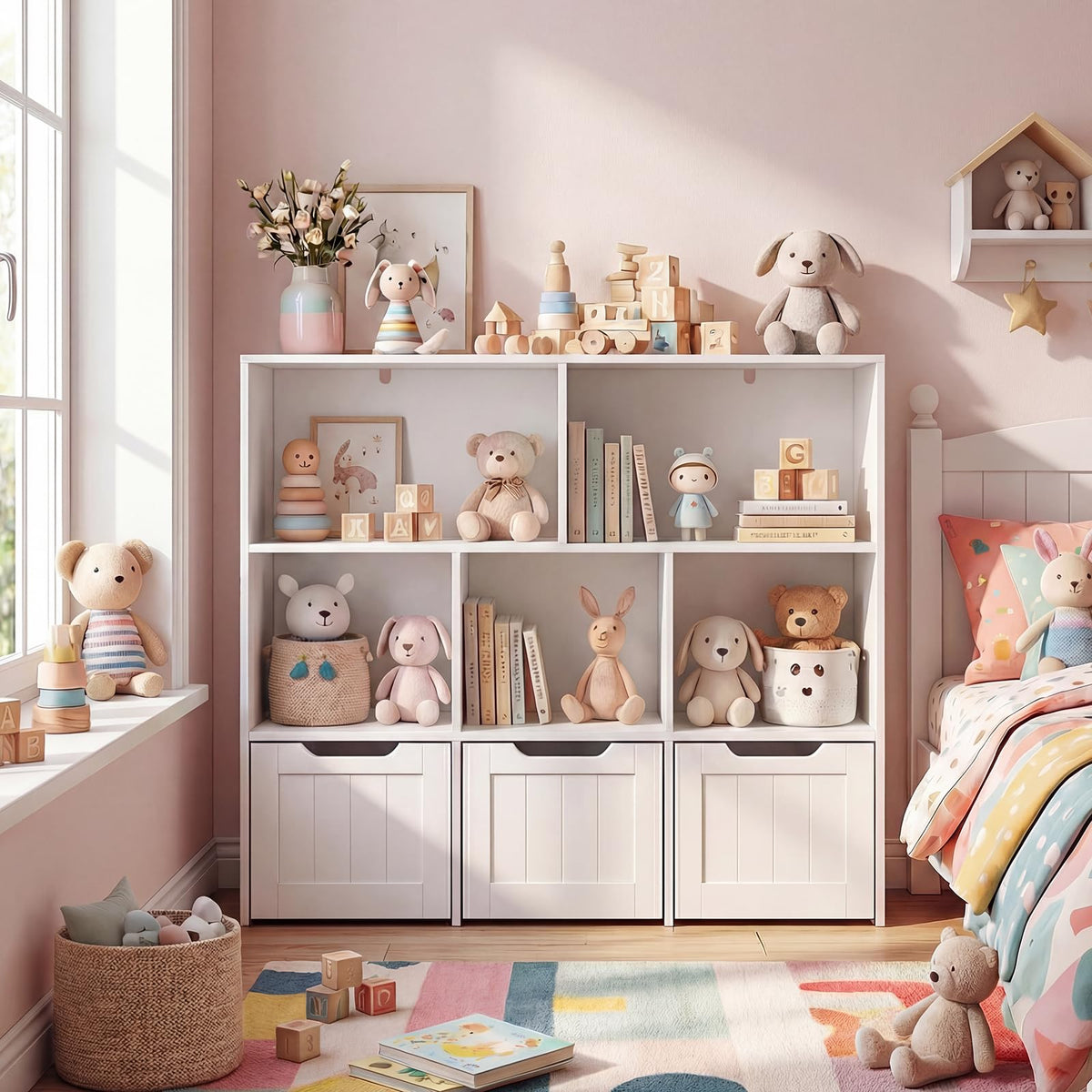 Kids Toy Storage Organizer, Children Bookshelf Toy Chest Box w/3 Movable Drawers