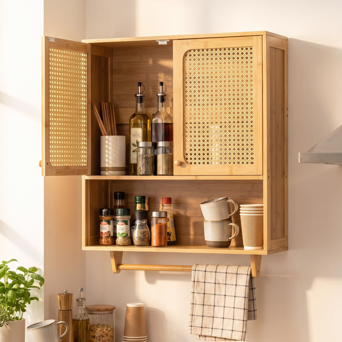 Bamboo Bathroom Wall Cabinet with Towel Rack and Rattan for Bathroom