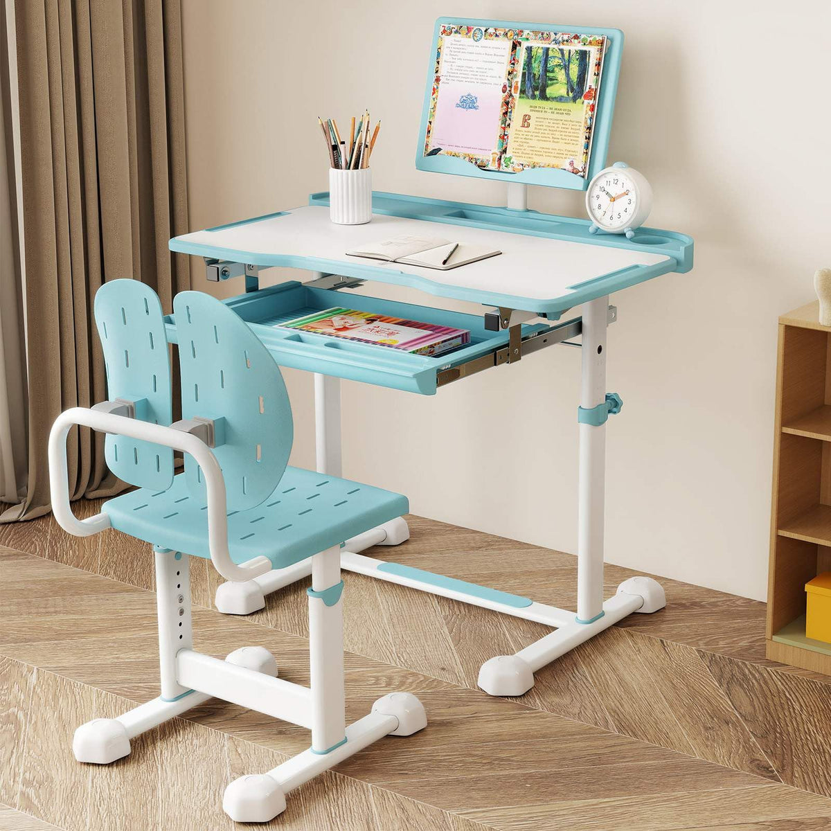 Kid's Study Desk and Chair Set Height-Adjustable Desk with Tilt Desktop and Ergonomic Chair