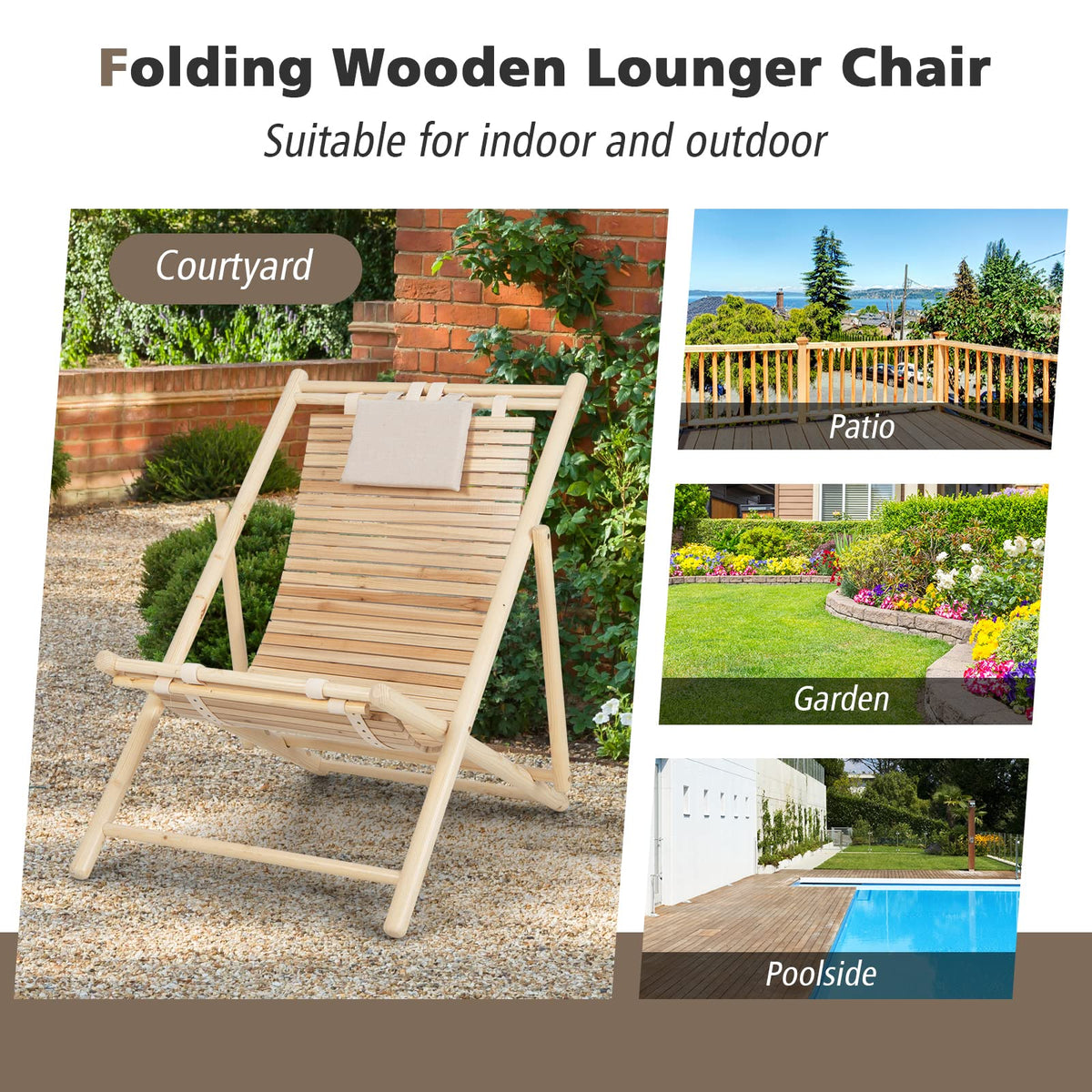 Outdoor Folding Sling Chair, Solid Fir Wood Lounge Chair with 3-Level Adjustable Backrest and Soft Padded Headrest