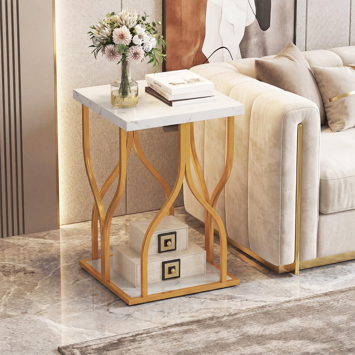 Faux Marble Bedside NightStand with Storage Shelf and Petal-Inspired Metal Frame