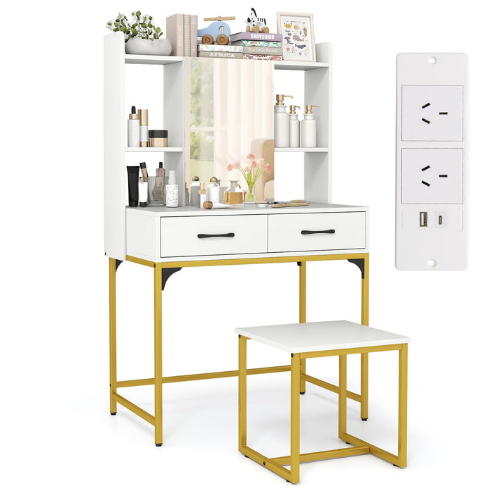 80 CM Wide Vanity Desk with Mirror and Stool Power Outlets