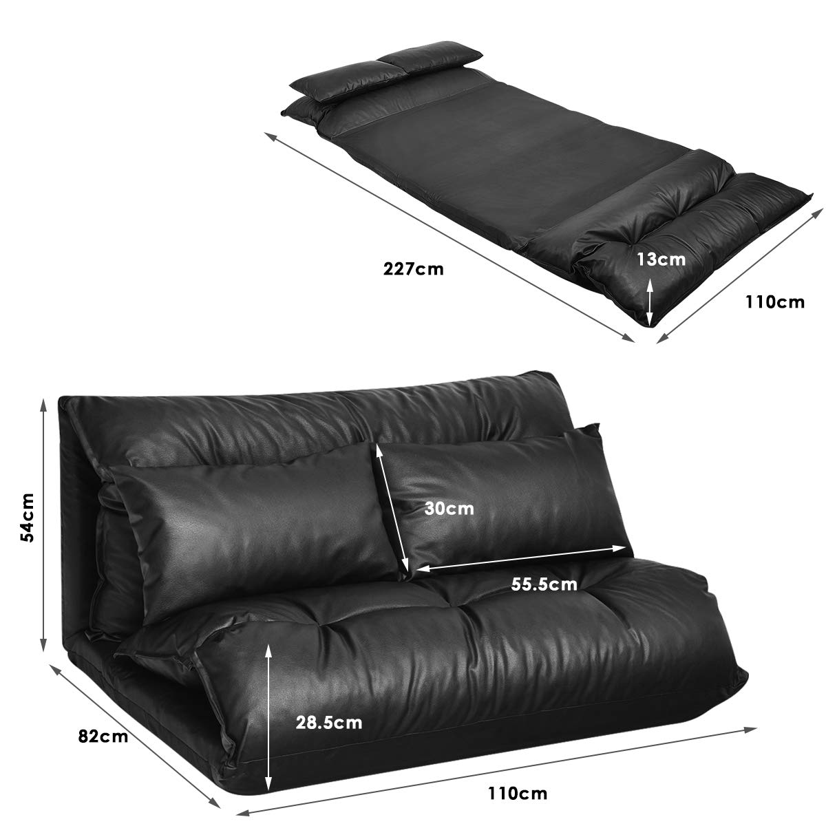 Adjustable Lounge Sofa Bed, 5 Adjustable Positions, 2 Pillows, PU Leather