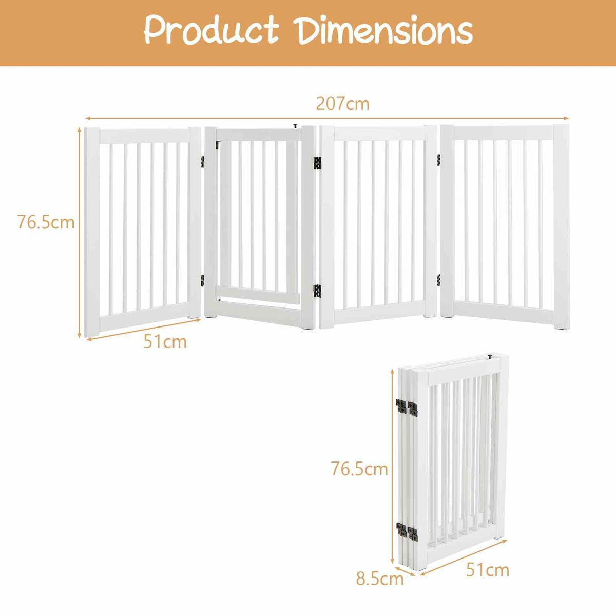 Freestanding Pet Gate, 4 Panel Wooden Folding Dog Fence w/Walk Through Door